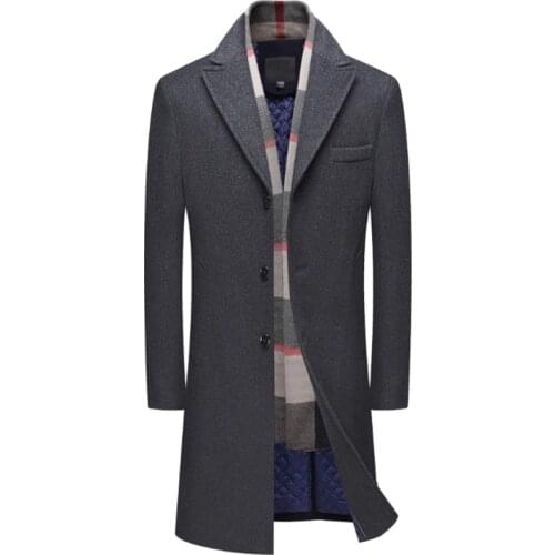 New Mens Wool Coat Single Breasted Long Trench Coat Men Winter Thick Woolen Overcoat Casual Jacket Detachable Scarf