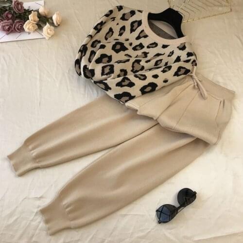 Autumn Knitted Leopard Womens Sets 2 Pieces Set O-Neck Long Sleeve Female Sweaters Suit Drawstring Pocket Long Pants Lady Suits