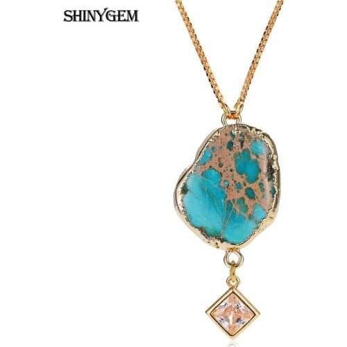 ShinyGem Irregular Blue Sea Sediment Jaspers Pendant Necklace Original Design Gold Plating Natural Gem Stone Necklaces For Women
