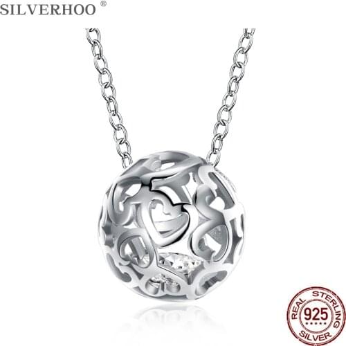 SILVERHOO 925 Sterling Silver Hollow Ball Heart Necklace For Women Shiny CZ Pendant Necklaces Jewelry Romantic Anniversary Gift