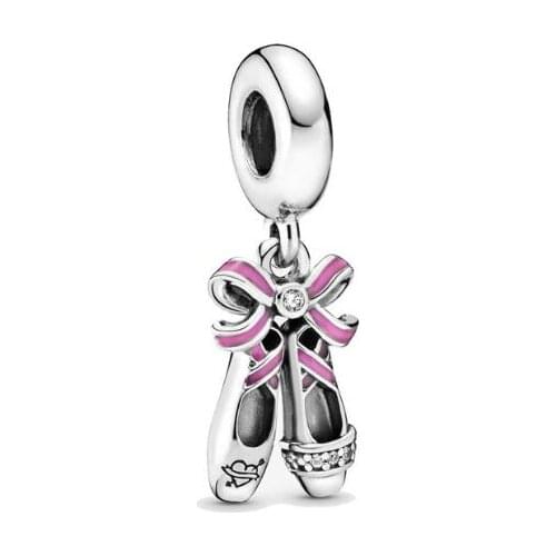 Genuine 925 Sterling Silver Bead Charm Pink Ballerina Shoes Dangle Charm Fit Pan Bracelets & Necklace Women Diy Jewelry