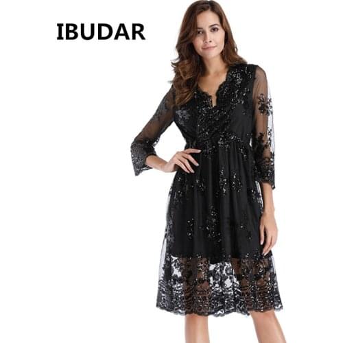 Sexy V-Neck Big Swing Sequin Dress Women Vestido Solid Color Plus Size Mujer Slim Was Thin Long Sleeve Lace Dress Dropshipper