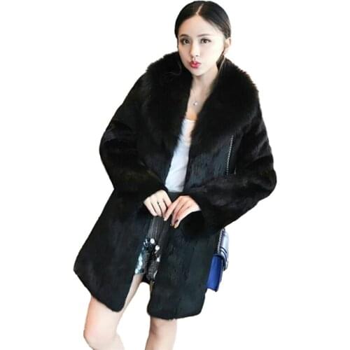 Plus size winter mink fur coat women faux fur coat fox fur collar hooded fur outerwear female long sleeve black fur jackets 3080