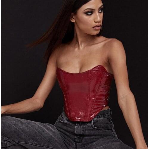 Party Nacht Backless Rot Damen Top Geraffte Backless Crop Tops Tank Top Leder Frauen Dünne Liebsten Sexy Rohr Top Club PU Short