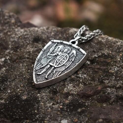 Vintage Men Archangel ST.Michael Necklace Protect Me Protection Pendant Angel Wings Wicca Double Side Thick Shield Jewelry