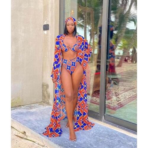 2021 Summer Casual Fashion Women Slimming Street Sexy Slim Print V-Neck Cape Bikini Split Swimsuit Three-Piece Set