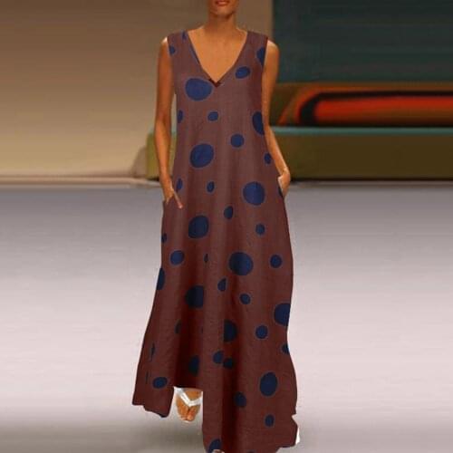 Women Summer Sundress Stylish Wave Point Print Maxi Dress Casual Sleeveless Vestido Female Vintage Bohemian V Neck Robe Oversize