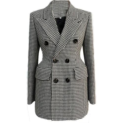 High Quality Woolen Jackets Women 2021 New Suit Collar Slim Houndstooth Wool Mid-length Coats Winter Wool Blends Jacket Spring