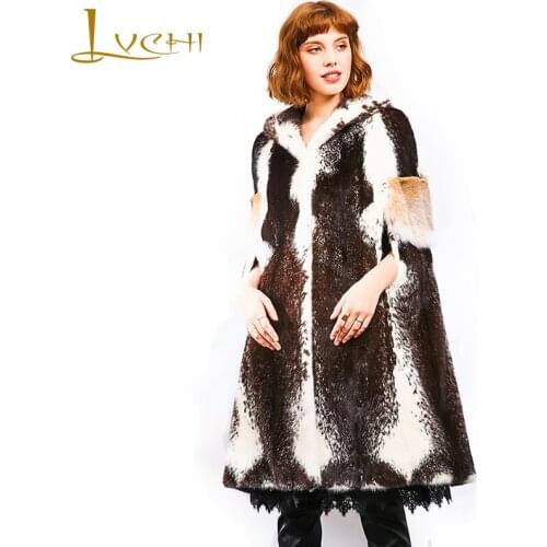 LVCHI Winter 2019 Imported Crown velvet stars mink fur Coat Womens With Fur Hood Natural Fur Coat Striped Loss Mink Fur Coats
