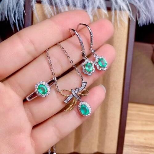 100% Natural Real set Natural Real Emerald 925 sterling silver 1pc Emerald pendant,1pc Emerald ring,2pcs Emerald Earring