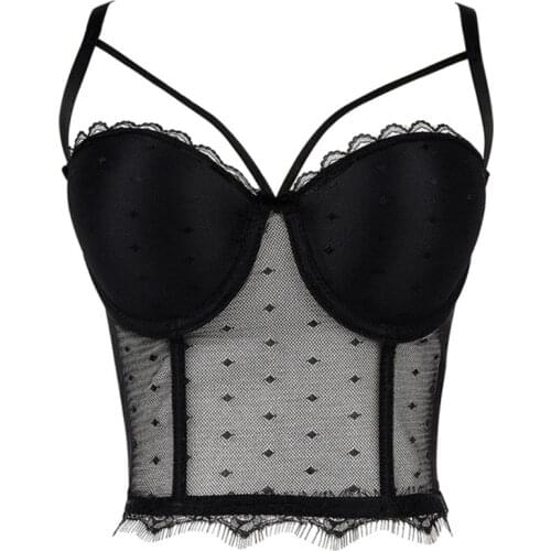 Women Sexy Spaghetti Strap Bustier Bra Sheer Polka Dot Mesh Eyelash Lace Trim Camisole Vest Club Party Boned Corset Tops
