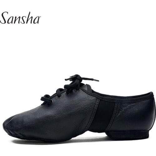Sansha Unisex Lace-up Jazz Shoes Leather With Neoprene Suede Split-sole Cushioned Heel Women Men Jazz Salsa Dance Shoes JS2LPI