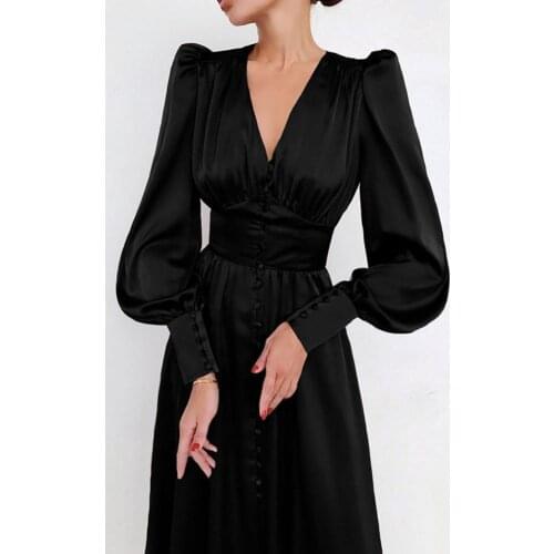 Elegant Maxi Dress Women Tight Waist Slim Puff Sleeve Skin-friendly Deep V Neck Long Formal Dress Traveling Party