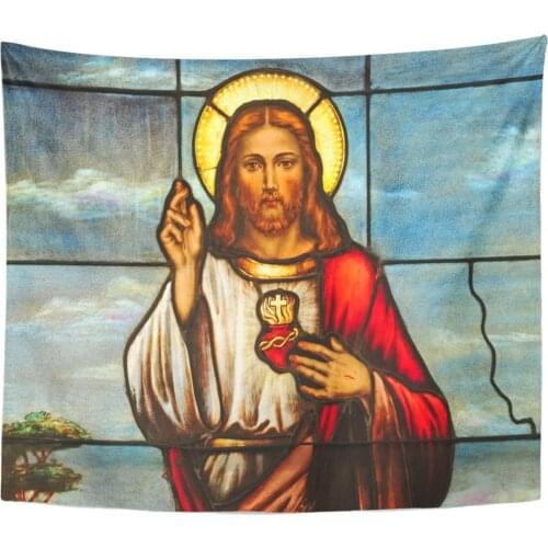 Tapestry Christ Stained Glass Window Depicting Sacred Heart of Jesus Tapestries Wall Hanging for Living Room Bedroom Dorm