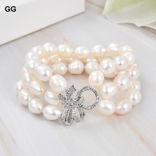 GuaiGuai Jewelry 8'' 3 Strands White Rice Pearl Bracelet CZ Clasp