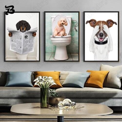 Funny Style Animal Canvas Painting Wall Art Pet Dogs Cats Reading Newspaper Posters and Prints Wall Pictures for Bathroom Decor