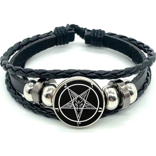Mysterious Power Pentagram Baphomet Logo Braided Leather Bracelet Gothic Dome Leather Bracelet Stylish Mens Womens Accessories