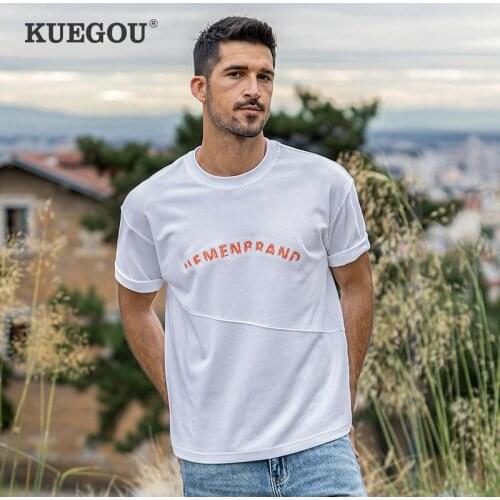 KUEGOU 2021 Summer Cotton Letter Embroidery White T Shirt Men Tshirt Brand T-shirt Short Sleeve Tee Shirt Fashion Clothes 8961
