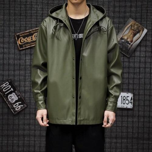 PU Leather Jacket Mens Mid-length Hooded Single Breasted Simplicity Wild Wind-proof Motorcycle Jackets Casual Clothing Autumn