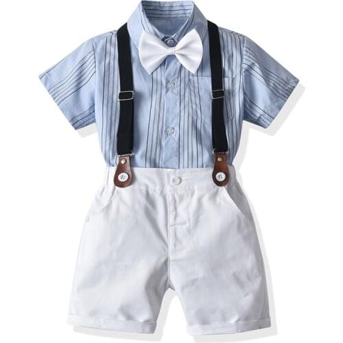 Summer Boy Formal Suit Bow Tie Shirt Overalls Sets Baby Boy Clothes Birthday Party Dress Suit Childrens Gentleman British Style
