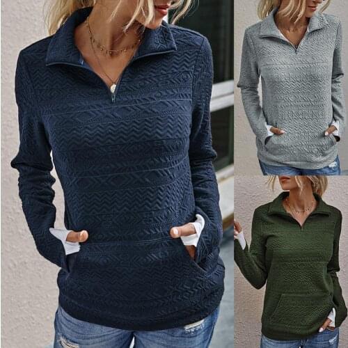 Fashion Women Top Solid Color Pullover Zipper Closure Pocket Sweater Sweatshirt Outwear Female Sweatshirts