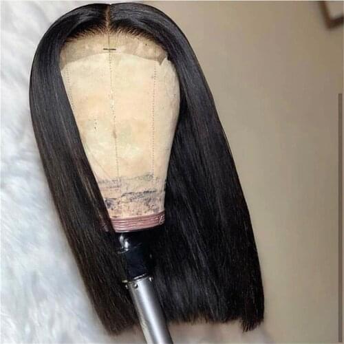 Natural Black Color Short Cut Bob180Density Synthetic Hair Lace Front Wig For Women Heat Resistant Fiber Preplucked WigsGlueless