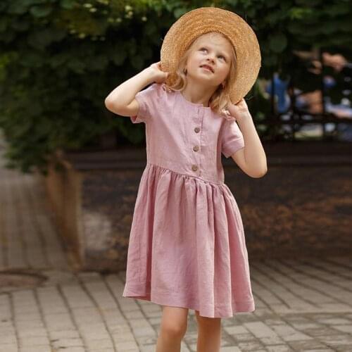 Girls dress summer new Korean childrens round neck cotton and linen short sleeve sweet princess dress TZ05