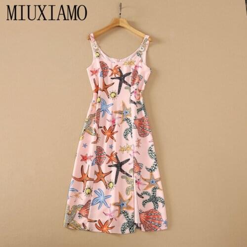 MIUXIMAO 2021 New Summe Starfish Print Pink Romantic Elegant High Quality Halter Dress Dress for Holiday Wear Dresses Women