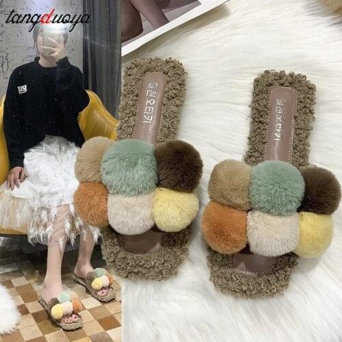 Fluffy Home Slippers Women Faux Fur Slippers Cozy Furry Slides Open Toe Slip on Soft Slippers House Floor Plush Warm Shoes