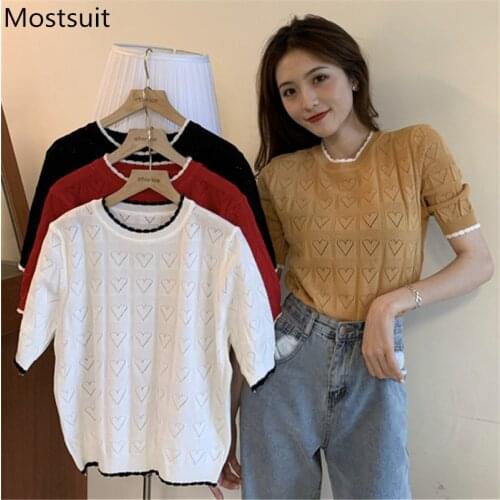 Hearts Thin Knitted Women Pullover Sweater Summer Short Sleeve O-neck Hollow Out Tops Korean Casual Fashion Female Jumpers 2021
