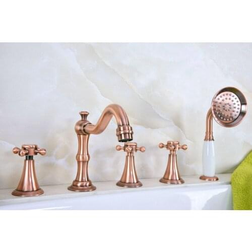 Antique Red Copper Brass Deck 5 Holes Bathtub Mixer Faucet Handheld Shower Widespread Bathroom Faucet Set Basin Water Tap atf217