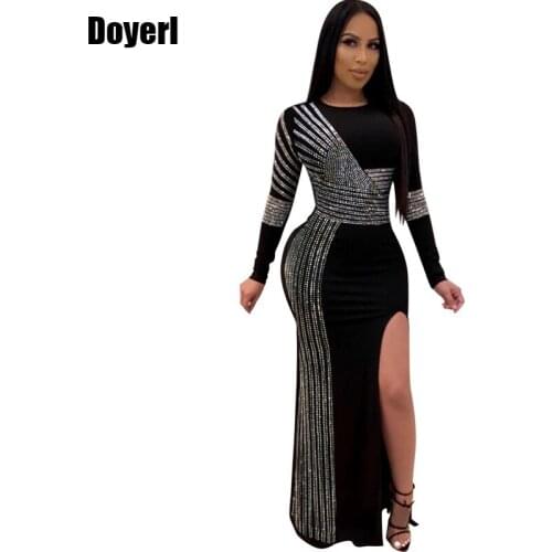Rhinestone Evening Party Long Dress Women Elegant High Split Luxury Sexy Maxi Dress Plus Size Long Sleeve Bodycon Club Dress