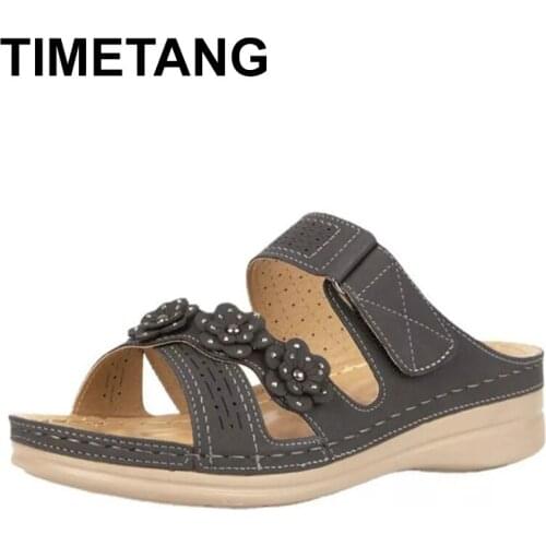 TIMETANG Women Sandals Fashion Rhinestone Flower Ladies Slippers Open Toe Casual Shoes Wedges Slides Summer Outdoor Beach Shoes