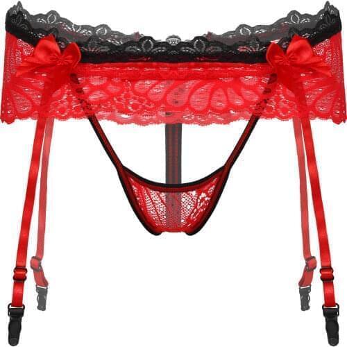 Mens Lingerie Sissy Underwear Bowknot Crotchless Panties Hollow Out Lace Skirted T-Back Thongs with Garter Belt G-String Briefs