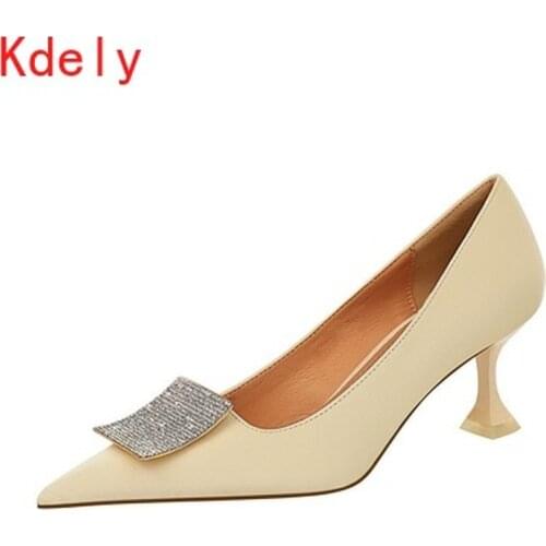 Fashion High Heels Shoes Women metal decoration Pointed Toe Pumps sexy Slip on shoes shallow Slide black yellow Zapatos De Mujer