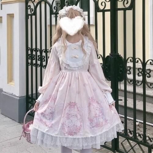 Japanese Sweet Kawaii Jsk Lolita Dress Women Vintage Victorian Gothic Lady Cat Long Sleeve Lace Princess Tea Party Dresses