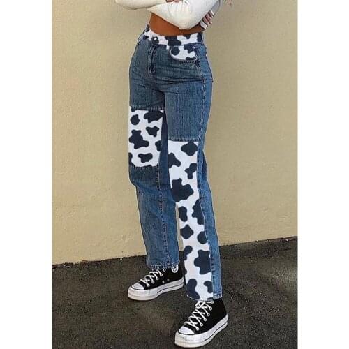 Female Trousers Zebra-Stripe Print Patchwork High Waist Pants Straight-Leg Loose Long Pants for Women