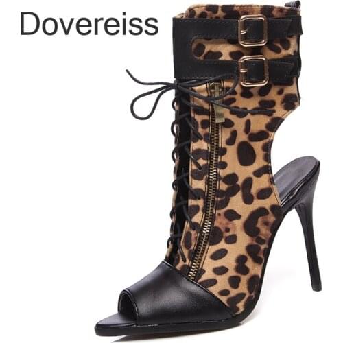 Summer Women Fashion Sexy New Stilettos Heels Leopard Print Consice Peep Toe Ankle Strap Concise Cool Boots 45 46