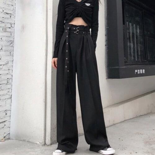 2020 new loose falling wide leg pants womens black floor pants high waist waistband thin straight pants casual Street trousers