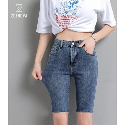 Zoenova 2021 Summer New Capris Cycling High Waist Short Pants Blue Black Jeans Elastic Soft Comfortable Jeans For Women