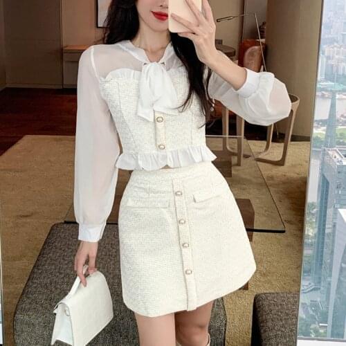 Autumn Sweet Korean Suit Two Piece Outfits For Women Lace Up Reffles Short Tops A-line Mini Skirts Office Lady 2 Piece Set Mujer
