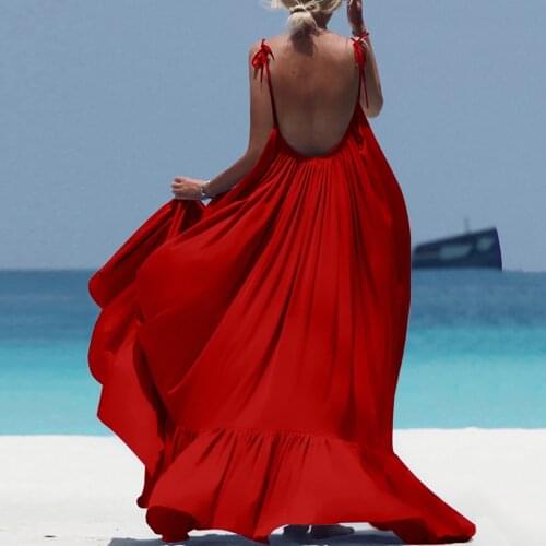 WomenS Summer Beach Boho Solid Color Backless Maxi Dress Sleeveless Evening Party Pleated Hem Spaghetti Strap Long Dresses