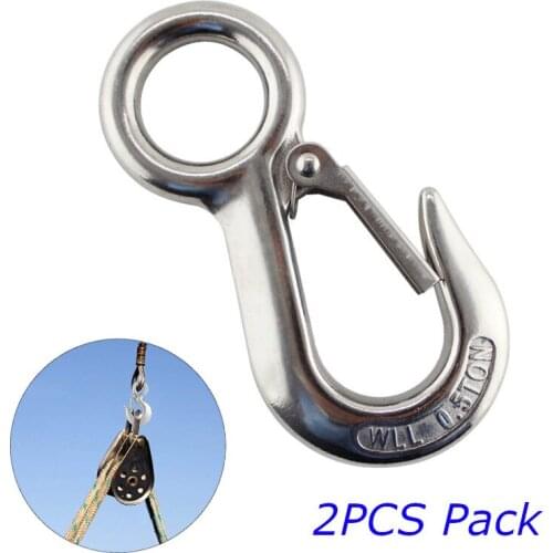 2PCS 0.5T 304 Stainless Steel Large Eye Lifting Crane Snap Hooks Marine Heavy Duty Safety Spring Cargo Hook 500Kg