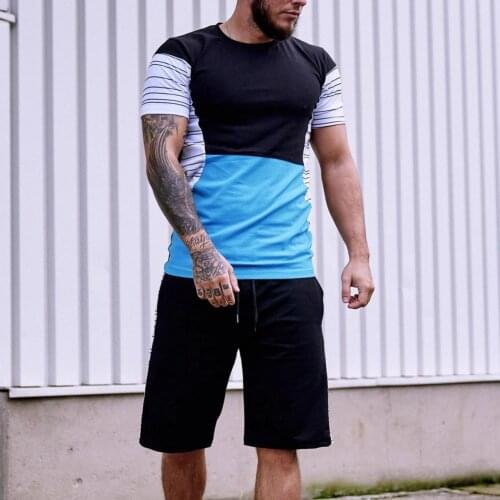 2021 Men Tracksuit Stripe Printed with horizontal stripes Color Block Summer Patchwork Short Sleeve T-shirt Shorts Set Summer
