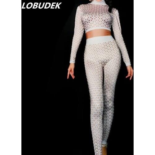 White Nude Printing Bling Crystals Jumpsuit Sexy Stretch lattice Bodysuit Bar Female DJ Singer Costume Party Show Stage Outfits