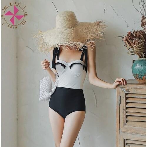In The Wind 2021 New Fashion Women Patchwork Swimsuit One Piece Lace up Ruffled Black and White Solid Color Summer Beach Bathing