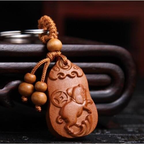 Chinese Peach Wood Carved Word Blessing Auspicious Word Twelve Zodiac Animals Pig Exquisite Car Key Chain Pendant