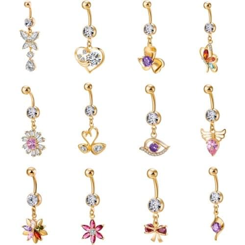 Gold Swings Dangle Belly Bars Belly Button Rings Contracted Surgical Steel Rhinestone Body Jewelry Navel Piercing Rings