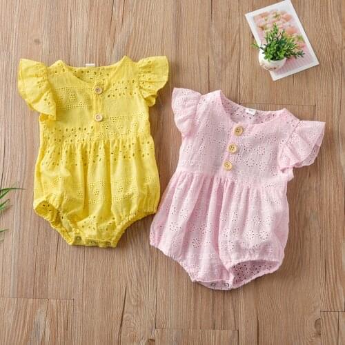 0-18 Months Newborn Infant Baby Girls Summer Solid Ruffled Button Hollow Out Romper Bodysuit Summer Childrens Clothing