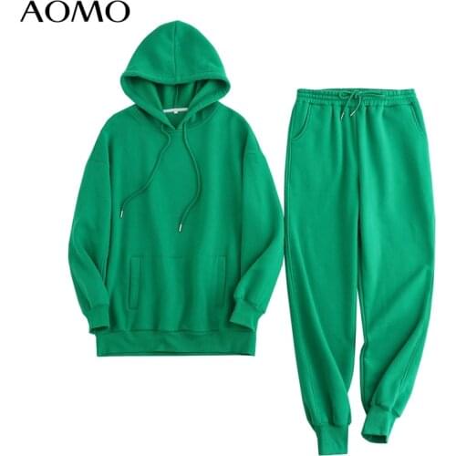 AOMO 2020 Autumn Winter Women tracksuit thick fleece 100% cotton suit 2 pieces sets hoodies sweatshirt and pants suits 6L17A